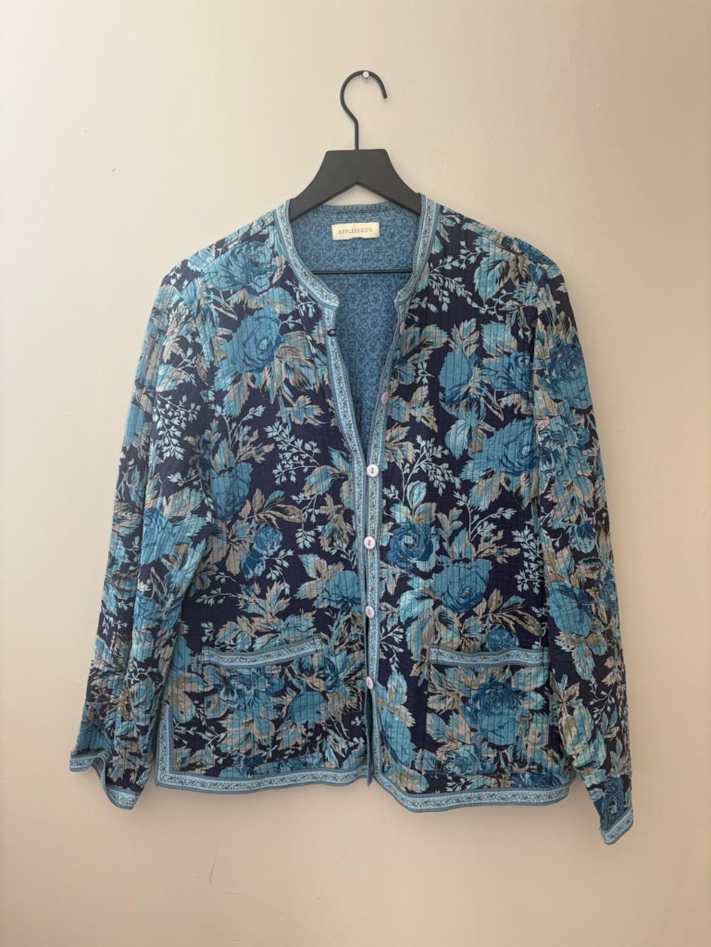 Appleseeds Petites Quilted Floral Boho Blue Navy Light Button Jacket Womens XL